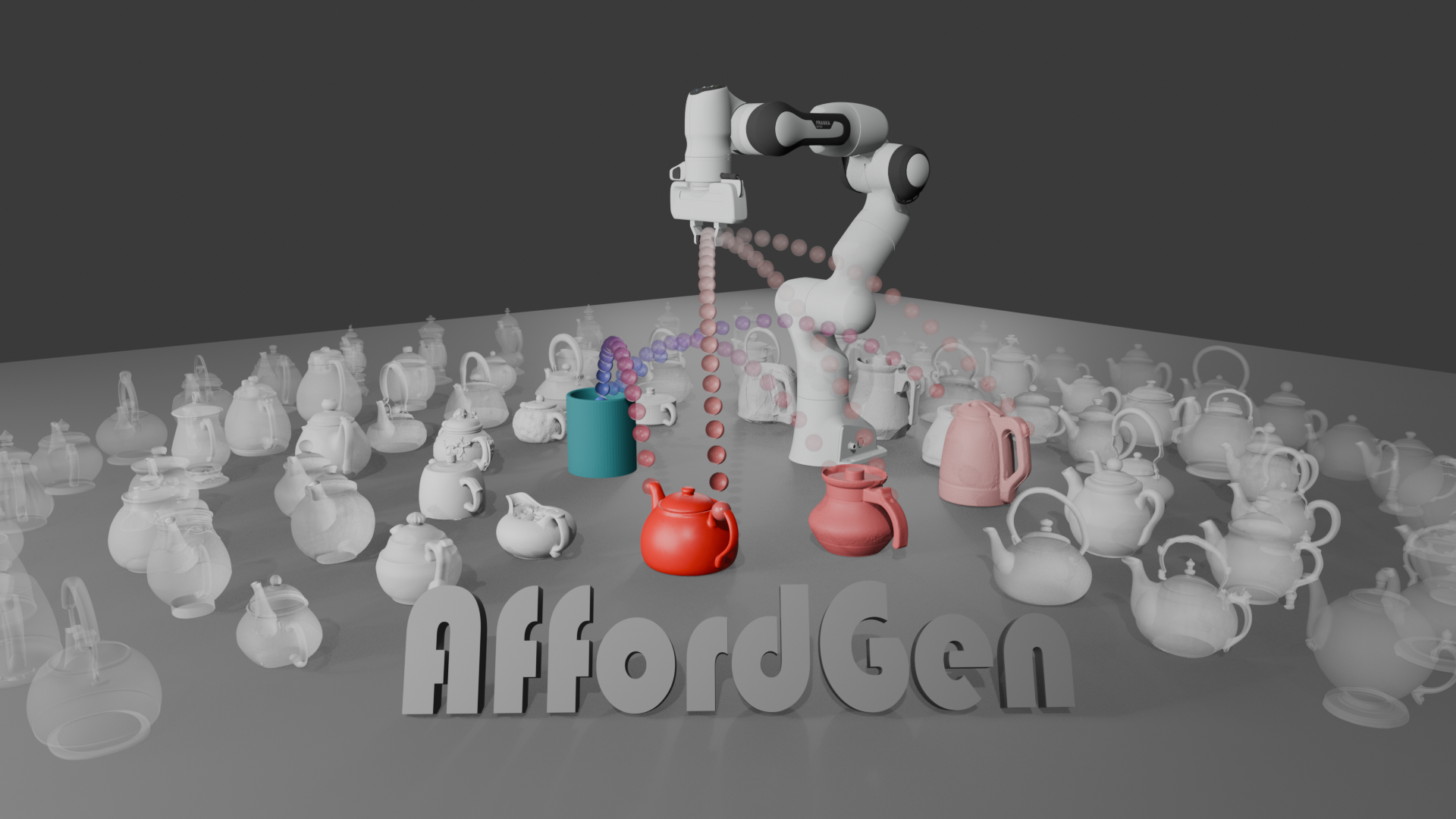 AffordGen teaser showing large-scale affordance-aware demonstration generation